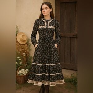 Vintage 70s Gunne Sax by Jessica Floral Long Sleeve Prairie Maxi Dress w Pockets
